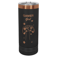 Introducing the NEW "Gamer Girl" design tumbler from Kodiak Coolers, part of their ION Plated Tumblers collection. This custom engraved drinkware features a striking "Ghost Black & Rose Gold" color scheme with artwork depicting a hand clutching a game controller, accented by gold hearts and stars. It's an ideal personalized gift or custom mug for anyone eager to express their gamer pride.