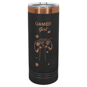 Introducing the NEW "Gamer Girl" design tumbler from Kodiak Coolers, part of their ION Plated Tumblers collection. This custom engraved drinkware features a striking "Ghost Black & Rose Gold" color scheme with artwork depicting a hand clutching a game controller, accented by gold hearts and stars. It's an ideal personalized gift or custom mug for anyone eager to express their gamer pride.