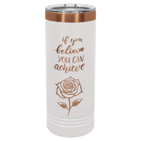 Introducing the NEW ION Plated Tumblers by Kodiak Coolers, custom engraved drinkware with special "Ghost Black & Rose Gold" accents. This white insulated tumbler, featuring an illustration of a rose and the motivational text "If you believe you can achieve," makes for a perfect personalized gift.