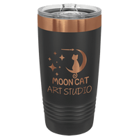 Introducing the NEW ION Plated Tumbler by Kodiak Coolers—a sleek black travel tumbler perfect for custom mug enthusiasts. This drinkware boasts a copper logo featuring a cat on a crescent moon encircled by stars. The text "Moon Cat Art Studio" completes the design, making it an ideal promotional gift with its special engraving color of "Ghost Black & Rose Gold.