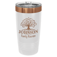 Introducing the Kodiak Coolers' NEW ION Plated Tumbler, customized with a copper-colored tree graphic and the "JOHNSON Family Reunion" text in a striking Ghost Black & Rose Gold engraving—an ideal keepsake for any family gathering.