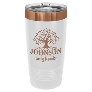 Introducing the Kodiak Coolers' NEW ION Plated Tumbler, customized with a copper-colored tree graphic and the "JOHNSON Family Reunion" text in a striking Ghost Black & Rose Gold engraving—an ideal keepsake for any family gathering.