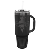 A NEW ION Plated Tumbler from Kodiak Coolers, featuring a custom "Happy's Golf Club" logo engraved in Ghost Black and Rose Gold, is a perfect promotional gift complete with a clear lid and straw.