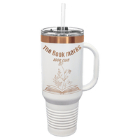 Introducing the NEW ION Plated Tumblers by Kodiak Coolers, featuring a custom engraved drinkware design with a special "Ghost Black & Rose Gold" engraving color. This stylish tumbler comes with a lid and straw and is adorned with a floral design and the text "The Book Marks Book Club," making it an ideal choice for logo promotional gifts or as a unique addition to your personalized collection.