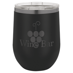 Experience the NEW ION Plated Tumbler from Kodiak Coolers, featuring a unique "Ghost Black & Rose Gold" engraving with a design of grapes and the text "Wine Bar." This custom engraved drinkware comes with a clear lid and is perfect for maintaining your favorite beverages at the ideal temperature.