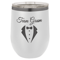 Introducing the Kodiak Coolers NEW ION Plated Tumbler, custom engraved with "Team Groom" and featuring a tuxedo graphic, in the special engraving colors of Ghost Black & Rose Gold—a perfect personalized gift for the groom's crew.