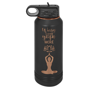 A Ghost Black & Rose Gold ION plated tumbler from Kodiak Coolers, custom engraved with a motivational yoga-themed design that includes the phrase "Worry Less, Yoga More" and an illustration of a person in a meditative pose—perfect as a logo promotional gift.