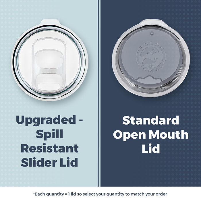 Comparison image of two lids: the left displays Kodiak Coolers' FREE Spill-Resistant Slider Lid Upgrade, while the right features a standard open-mouth lid. Each quantity represents one lid.