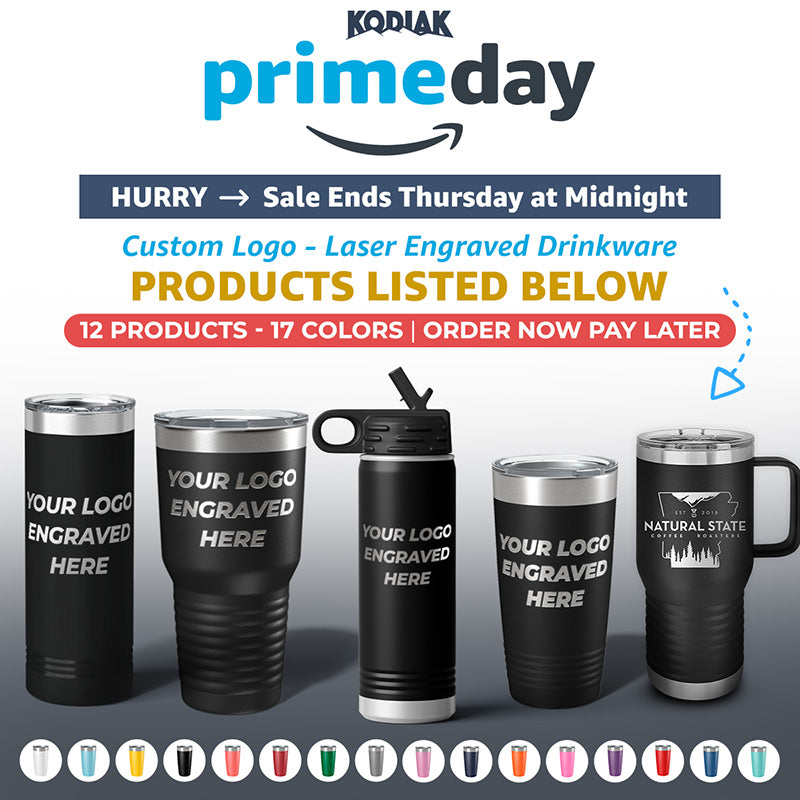 Five Kodiak Coolers custom mugs with laser-etched logos are shown. A banner highlights PRIME BIG DAY DEALS—12 promotional gifts in 17 colors, no setup fees, fast turnaround—sale ends Thursday at midnight.
