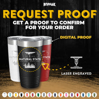 Promotional image for Kodiak Wholesale featuring three laser-engraved tumblers in natural, gray, and red colors with "ADD ON: $5 - Request Digital Proof for Sample Orders - Not for Bulk Volume Orders" text emphasizing customization confirmation.