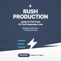 Text graphic promoting "Rush Production (per shirt)" for Kodiak Coolers, featuring a lightning bolt icon and stating: "Ships in 1–3 days." Standard production takes 7–10 business days. Available as a per-shirt add-on only in the Kodiak pack builder.