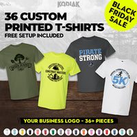 Promote your brand with a pack of 36 Gildan 5000 Heavy 100% Cotton Custom T-Shirts, each featuring your screen-printed logo—perfect for Black Friday deals with free setup included!.