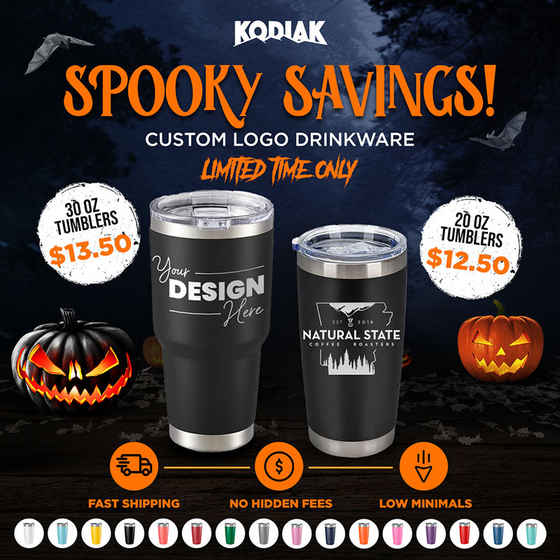 Spook up your brand this Halloween with Kodiak Coolers' 🎃 HUGE SPOOKY SALE! Custom tumblers laser engraved with your logo—no setup fee, 1 side included. Enjoy fast shipping, low minimums & bulk deals—the perfect festive promo gift!.