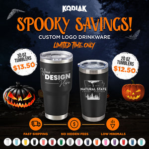 Spook up your brand this Halloween with Kodiak Coolers' 🎃 HUGE SPOOKY SALE! Custom tumblers laser engraved with your logo—no setup fee, 1 side included. Enjoy fast shipping, low minimums & bulk deals—the perfect festive promo gift!.
