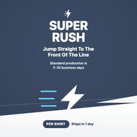 A graphic with "SUPER RUSH" text, stating that with the Super Rush Production (per shirt) add-on from Kodiak Coolers, each shirt ships in just 1 day instead of the standard 7-10 days. Jump to the front of the line!.