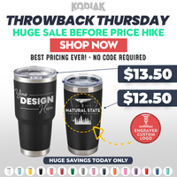 Kodiak Coolers’ THROWBACK THURSDAY SALE features custom tumblers with engraved logos or designs and no setup fees—$200 minimum order. Perfect personalized promo gifts!.