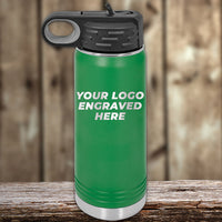 A green Kodiak Coolers water bottle with a black lid sits on wood, featuring "YOUR LOGO ENGRAVED HERE." Perfect for promo gifts alongside custom mugs. Xmas in July SALE: Front logo included, $200 minimum order.