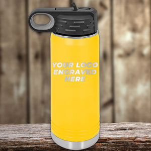 A yellow Kodiak Coolers insulated water bottle with a black lid sits on wood next to custom 4th of July SALE engraved can holders for slim seltzer cans, each featuring your front logo—$200 minimum order.