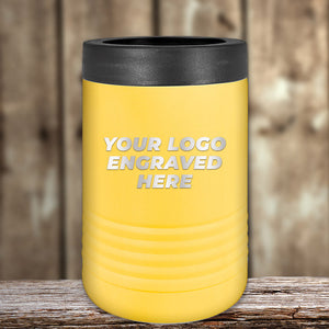 Yellow Custom Standard Can Holder with your Logo or Design Engraved - Low 6 Piece Order Minimal Sample Volume from Kodiak Coolers on a wooden surface.