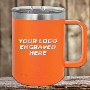 A bright orange Kodiak Coolers mug with lid and handle, featuring your custom logo engraved on the front. Part of the 4th of July SALE—$200 minimum order for engraved drinkware. Perfect for fans of stainless steel can holders.