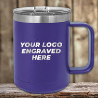 A purple Kodiak Coolers mug with a clear lid and handle sits on wood, featuring "YOUR LOGO ENGRAVED HERE" in white—ideal for custom 4th of July SALE drinkware. Front logo engraving included, $200 minimum order.