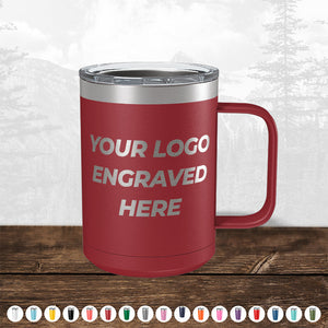 A red Custom Coffee Mug 15 oz with your logo laser-engraved on it by Kodiak Coolers.