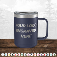 Navy blue insulated tumbler with a clear lid, featuring the text "TODAY ONLY - Custom Logo Drinkware Sale - Your Logo Laser Engraved INCLUDED in Price - No Hidden Fee's" on a wooden surface, perfect as a promotional gift, with a blurred forest background from Kodiak Coolers.