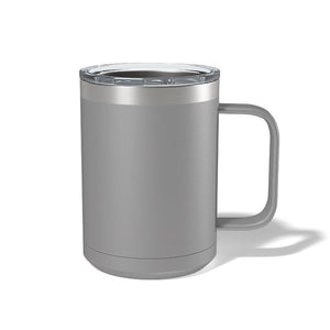 The Kodiak Coolers Custom 15 oz stainless steel travel mug, featuring a gray finish, handle, and transparent lid, is perfect for showcasing your laser-engraved logo. Displayed against a white background, it's ideal for personalized coffee mugs with custom designs.