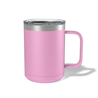 The Kodiak Coolers Custom 15 oz pink insulated coffee mug features a handle and transparent lid, offering style and practicality. Made from stainless steel for durability, it boasts a laser-engraved logo for an elegant, personalized touch to your beverage experience.
