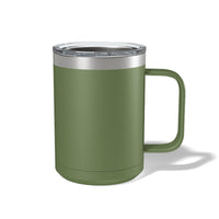 Kodiak Coolers' Custom 15 oz stainless steel coffee mugs come in green with a handle and transparent lid on a white background, ideal for coffee enthusiasts seeking personalized style and function.