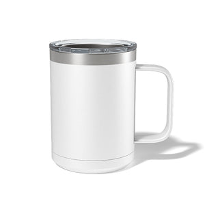 A white stainless steel Kodiak Coolers travel mug with a handle and transparent lid is shown against a plain background, showcasing the sleek laser-engraved logo of the Custom 15 oz Coffee Mugs.