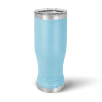 A light blue, stainless steel tumbler with a silver base and rim, featuring a clear lid, elegantly stands on a white background. The sleek design of Kodiak Coolers' 14 oz Pilsner Glass is perfect for custom laser engraving, ideal for enhancing your personalized glassware collection.