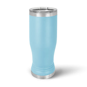 A light blue, stainless steel tumbler with a silver base and rim, featuring a clear lid, elegantly stands on a white background. The sleek design of Kodiak Coolers' 14 oz Pilsner Glass is perfect for custom laser engraving, ideal for enhancing your personalized glassware collection.
