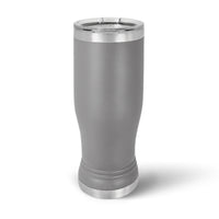 The Custom 14 oz Pilsner Glass by Kodiak Coolers features a sleek gray stainless steel design with a metal lid, perfect for personalization. Its elegant appearance against a white backdrop is ideal for showcasing your logo or design through laser engraving, adding an exquisite personal touch.