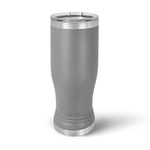 The Custom 14 oz Pilsner Glass by Kodiak Coolers features a sleek gray stainless steel design with a metal lid, perfect for personalization. Its elegant appearance against a white backdrop is ideal for showcasing your logo or design through laser engraving, adding an exquisite personal touch.
