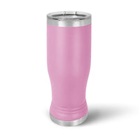 A Kodiak Coolers custom 14 oz pilsner glass with a pink insulated tumbler design, featuring a silver lid and base, crafted from stainless steel, stands upright on a white background.