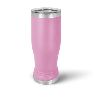 A Kodiak Coolers custom 14 oz pilsner glass with a pink insulated tumbler design, featuring a silver lid and base, crafted from stainless steel, stands upright on a white background.