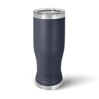 A dark blue Kodiak Coolers 14 oz pilsner glass with a silver lid and base, expertly crafted from stainless steel, is showcased on a white background. Customize it with a logo or design laser engraved using the Live Designer feature.