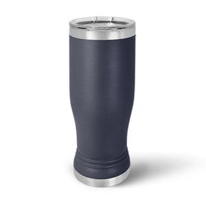 A dark blue Kodiak Coolers 14 oz pilsner glass with a silver lid and base, expertly crafted from stainless steel, is showcased on a white background. Customize it with a logo or design laser engraved using the Live Designer feature.