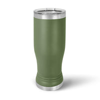 Green 14 oz Pilsner Glass by Kodiak Coolers with custom laser engraving, featuring a sleek metallic lid.