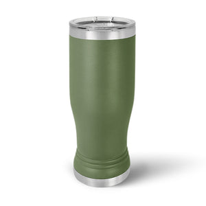 Green 14 oz Pilsner Glass by Kodiak Coolers with custom laser engraving, featuring a sleek metallic lid.