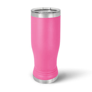 A custom Kodiak Coolers 14 oz pink stainless steel pilsner tumbler with a silver lid and base stands upright on a white background, showcasing the elegance of laser-engraved designs.
