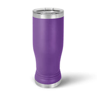 The Kodiak Coolers Custom 14 oz Pilsner Glass, featuring a laser-engraved logo or design, has a purple insulated stainless steel body with a silver lid and base, set against a white background.