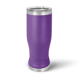 The Kodiak Coolers Custom 14 oz Pilsner Glass, featuring a laser-engraved logo or design, has a purple insulated stainless steel body with a silver lid and base, set against a white background.