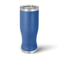 The Custom 14 oz Pilsner Glass by Kodiak Coolers, set upright on a white background, features a blue insulated design with a stainless steel lid and base. Ideal for quality enthusiasts, it can be laser engraved for personalization.