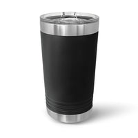 A Kodiak Coolers Custom 16 oz Pint Glass with a laser-engraved logo sits on a white background, featuring sleek black and stainless steel design with a clear lid, offering double-walled insulation for optimal temperature retention.