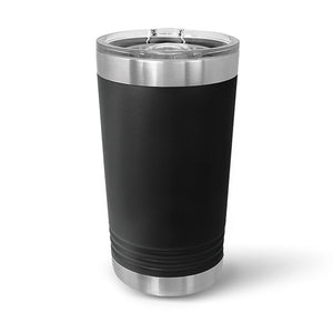 A Kodiak Coolers Custom 16 oz Pint Glass with a laser-engraved logo sits on a white background, featuring sleek black and stainless steel design with a clear lid, offering double-walled insulation for optimal temperature retention.