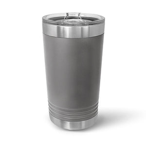A gray stainless steel tumbler by Kodiak Coolers with double-walled insulation and a clear slider lid sits upright on a white background.