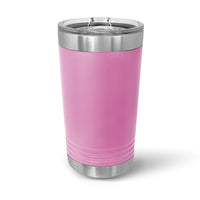 The Kodiak Coolers Custom 16 oz Pint Glass features a pink stainless steel finish with a silver rim and base, double-walled insulation, a transparent slider lid for convenient sipping, and offers laser-engraved designs.