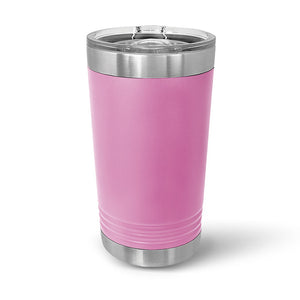 The Kodiak Coolers Custom 16 oz Pint Glass features a pink stainless steel finish with a silver rim and base, double-walled insulation, a transparent slider lid for convenient sipping, and offers laser-engraved designs.